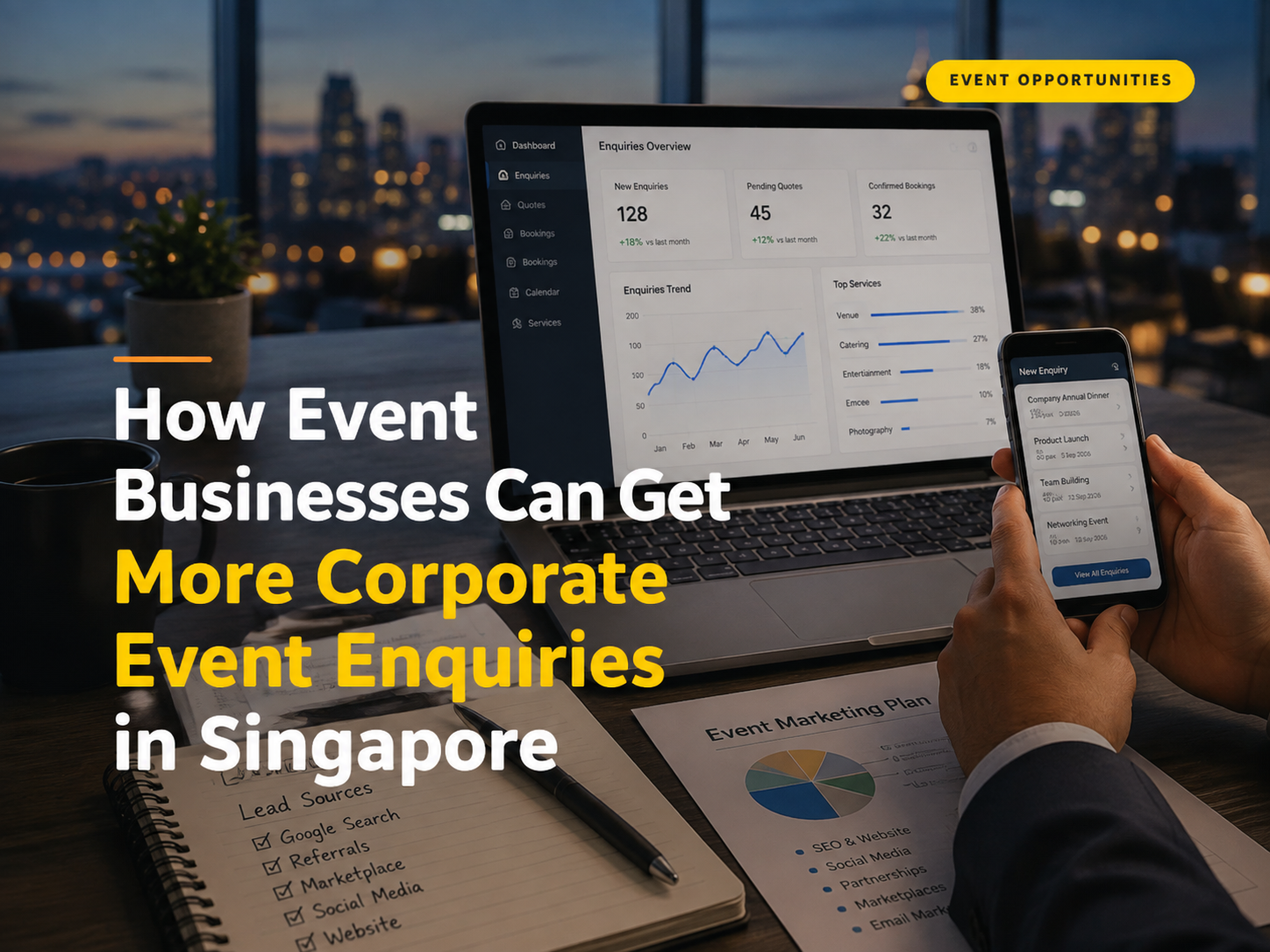 Event business reviewing corporate event enquiries and lead sources in Singapore