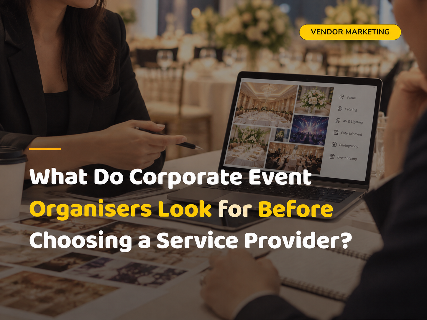 Corporate event organiser reviewing event service providers for a corporate event in Singapore.